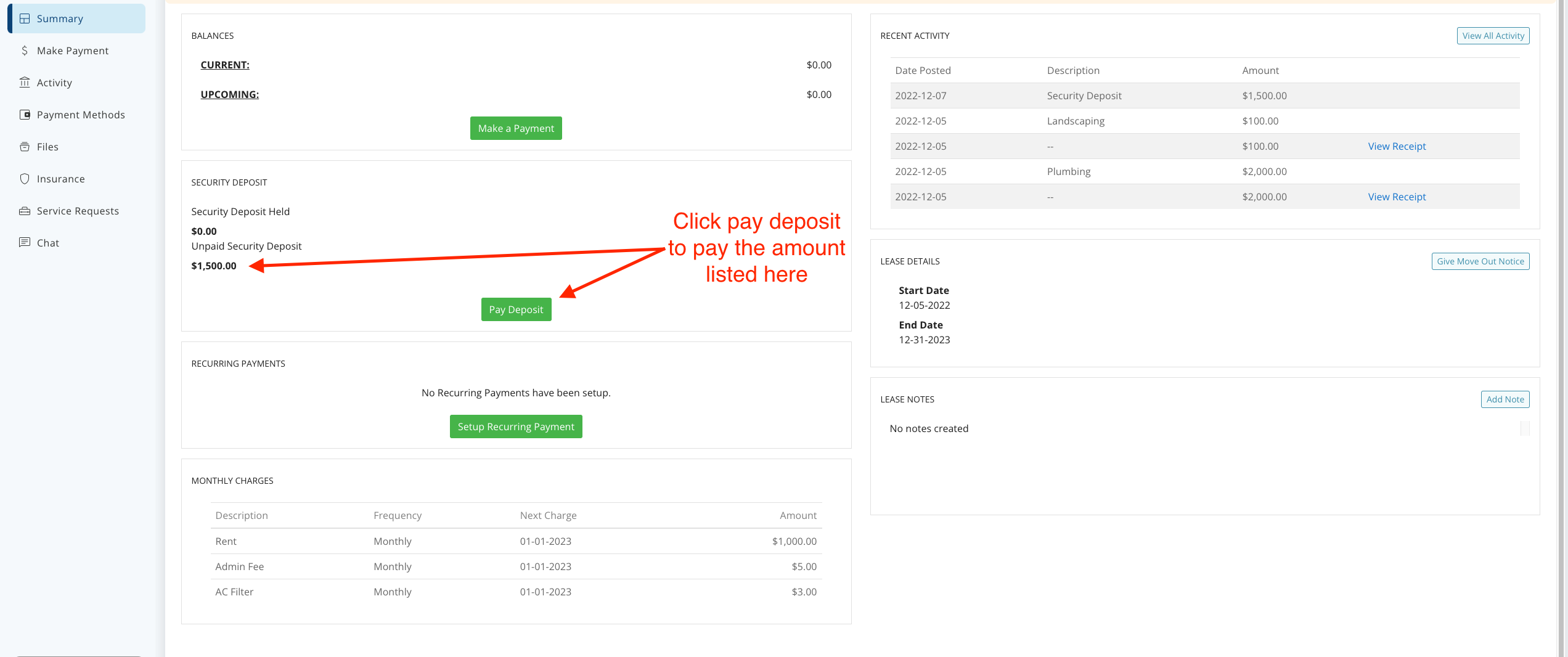 How to Pay Rent/Other Charges and Security Deposit in the Resident Portal